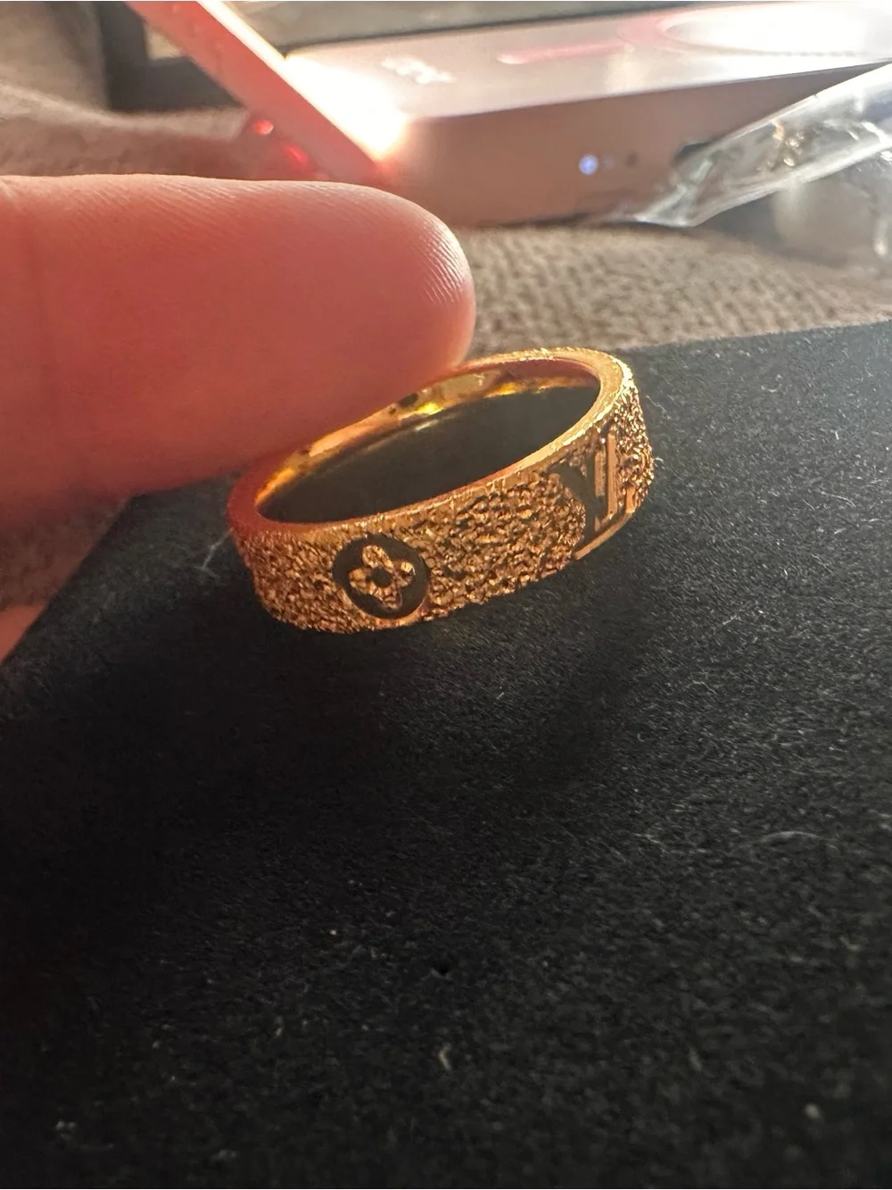 Gold Textured Logo Band Ring - Men's Accessory